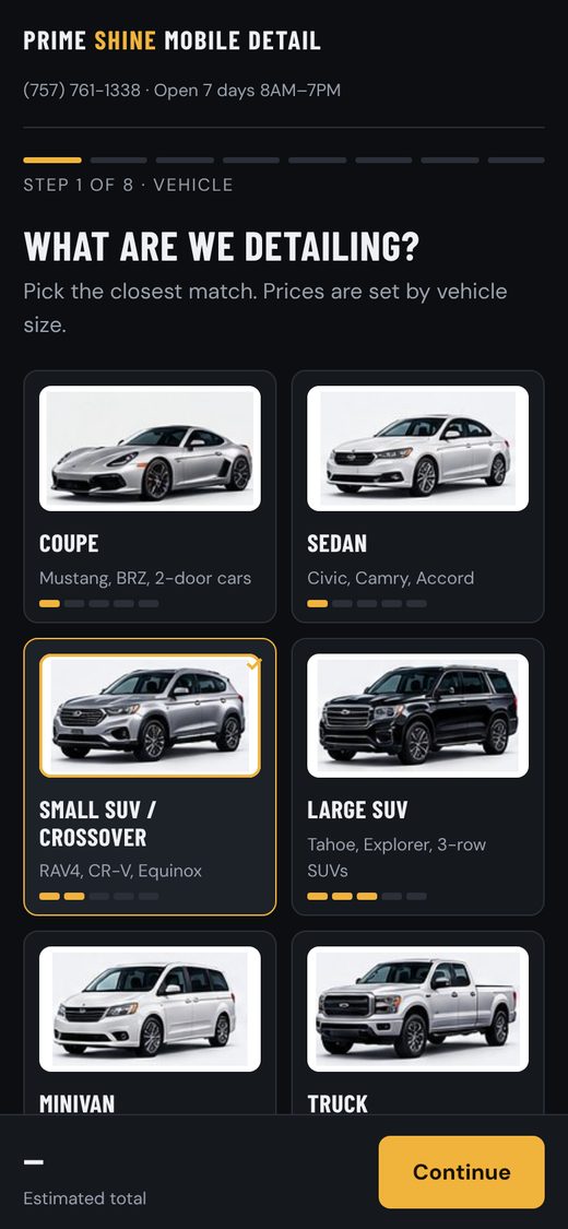 Booking page step where the customer picks a vehicle size