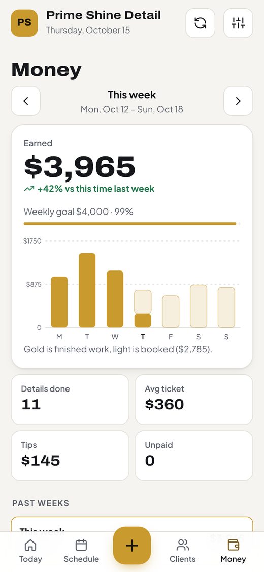 Money screen comparing this week with last week