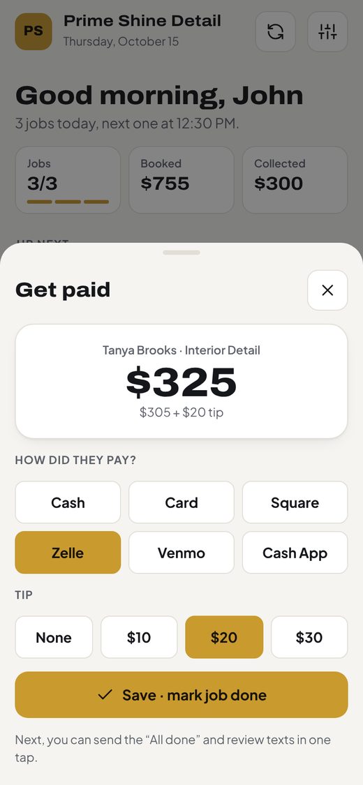 Get paid screen with payment methods and tip